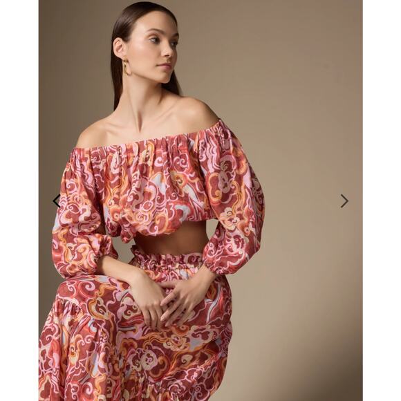 NEW‎ NWT A.L.C. Katherine Printed Off-The-Shoulder Crop Top Medium Linen Resort - Picture 3 of 11